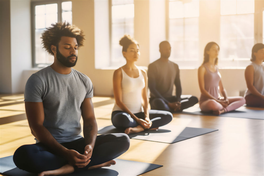 A group practicing yoga therapy in a sunlit studio, focusing on mindfulness and healing